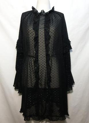 Летнее черное прозрачное платье в блестящий горох, нарядное женское плаття з рюшами.6 фото