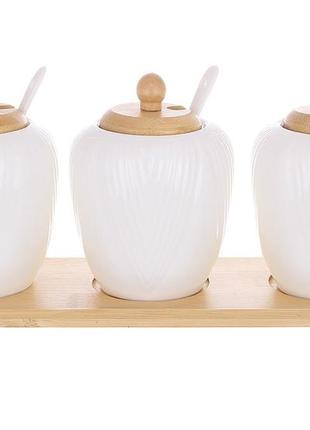 Набор фарфоровых банок (3шт) на бамбуковой подставке с ложками и бамбуковыми крышками grace 31*8.7*13см