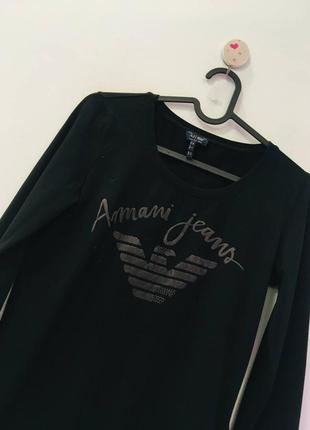 Чорний лонгслів оригінал з оксамитовим лого armani jeans4 фото