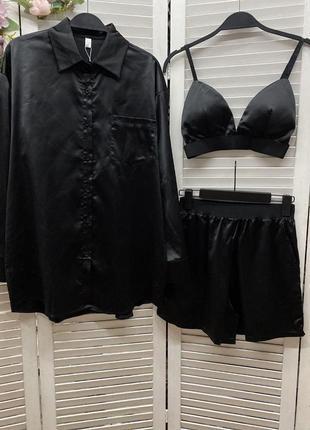 Жіночий домашній чорний шовковий костюм трійка: сорочка топ та шорти4 фото