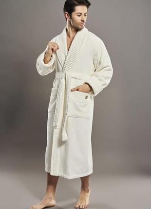 Красивий чоловічий махровий халат туреччина, домашній чоловічий халат унісекс nusa 1425 кремовий l/xl