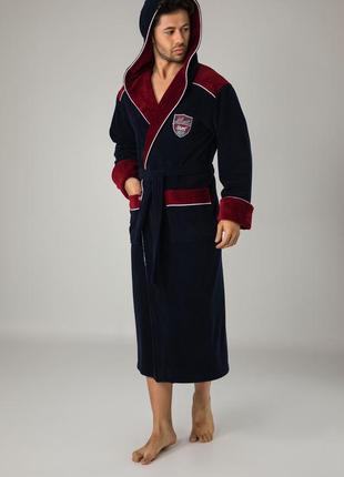 Велюровый халат мужской банный с длинным рукавом однотонный теплый, халат мужской домашний на поясе синий l/xl1 фото