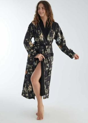 Домашній натуральний халат довгий сатиновий, халати жіночі натуральні бавовна утеплений чорний