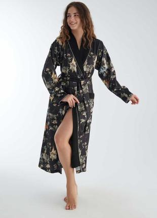 Домашний натуральный халат длинный сатиновый, халаты женские натуральные хлопок утепленный черный3 фото