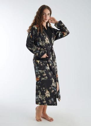 Домашний натуральный халат длинный сатиновый, халаты женские натуральные хлопок утепленный черный2 фото