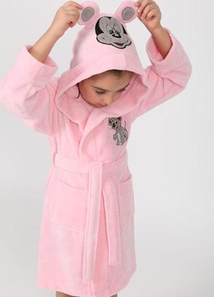 Дитячий халат для дівчаток з вушками на поясі, махровий халат для дівчинки з капюшоном  рожевий 3-4 років nusa