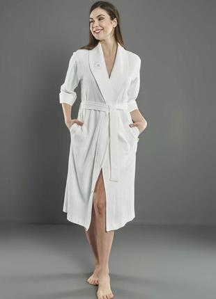 Кремовый женский халат из хлопка на запах трикотажный турецкий nusa 0493, молодежный весенний халат женский s5 фото