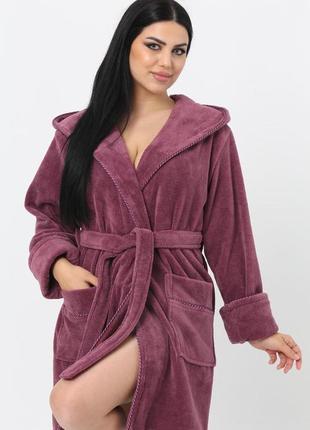 Женский теплый махровый халат однотонный домашний, халат махровый женский банный пушистый с поясом с капюшоном6 фото