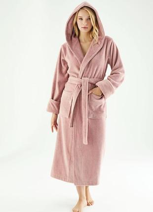 Банный халат женский махровый с капюшоном пудровый теплый однотонный домашний, халат махровый женский банный m6 фото