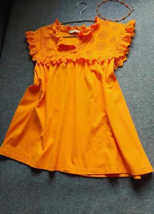 Коттоновая яркая трикотажная блуза с кокеткой из прошвы 50-52 размера4 фото