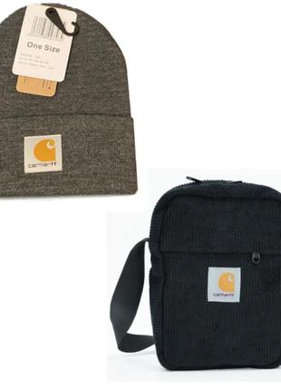 Комплект мужской. сумка и шапка  carhartt [кархартт]. серый