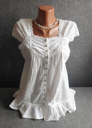 Белая коттоновая нарядная блуза из прошвы 48-50 размера10 фото