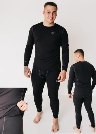 Термобелье мужское зимнее флисовое спортивное черное / набор термобелья флисовый костюм