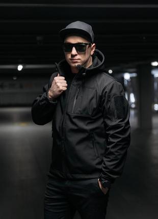 Чоловіча куртка softshell весняна осіння megasoft чорний колір вітровка демісезонна софтшелл з капюшоном6 фото