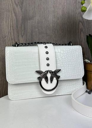 Женская мини сумочка стиль pinko рептилия с птицами, маленькая сумка клатч крокодил пинко белая "kg"1 фото