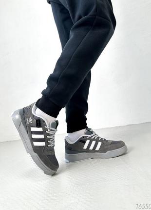 Сірі натуральні замшеві шкіряні кросівки кеди кєди з білими смужками перфорацією на товстій підошві adidas forum lov grey3 фото