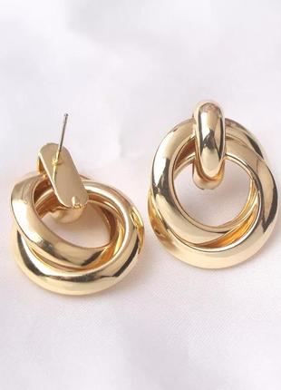 Круглі золотисті сережки кільця круглые двойные серьги кольца3 фото