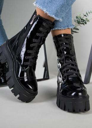 Ботинки женские кожа наплак черные на шнурках зимние3 фото