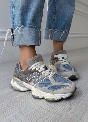 Классные женские кроссовки new balance 9060 mushroom & aluminium бежевые с голубым и коричневым