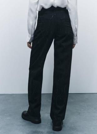 Джинсы zara, джинси zw collection straight-leg mid-rise зі стразами zara, черные ровные джинсы zara5 фото