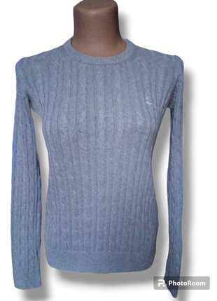 Женский брендовый коттоновый свитер джемпер вязаный косами серого цвета прямого кроя классика jack wills размера s