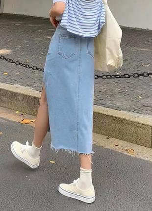 Джинсова юбка міді джинсова спідниця міді джмесова спідниця з розрізом спідниця з деніму1 фото