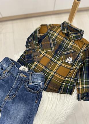 Стильный набор на малыша джинсы и теплая рубашка в клетку2 фото