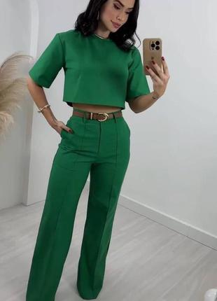 🎨4! шикарный льняной брючный женский костюм зеленый зеленой брючинной женский брюки брюки футболка