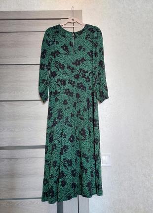 Зеленое длинное платье в чёрный цветочный принт🔹длинный рукава🔹круглая горловина peacocks(размер 12-14(7 фото