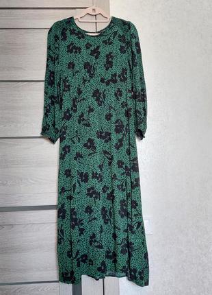 Зеленое длинное платье в чёрный цветочный принт🔹длинный рукава🔹круглая горловина peacocks(размер 12-14(9 фото