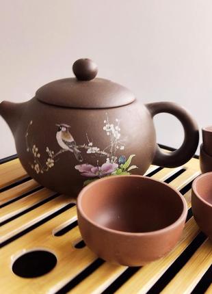 Чайный набор из коричневой глины на 4 персоны певчая птичка3 фото