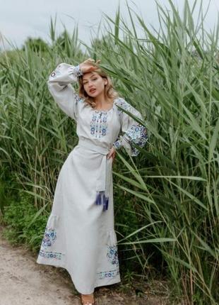 4550д сіра розкішна лляна вишита сукня в стилі бохо вишиванка1 фото