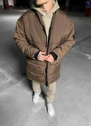 Модная зимняя куртка stone island | стильная длинная куртка без капюшона | однотонный коричневый пуховик xl2 фото