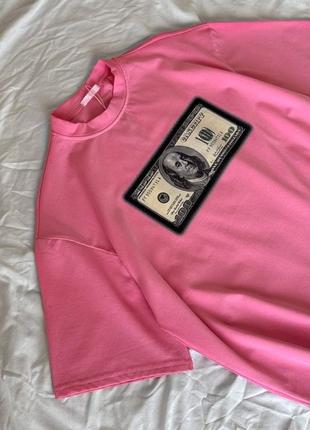 Розовая футболка с принтом money 💕 женская розовая футболка с 100 долларовой банкнотой 💕 подарок девушке 💕 подарок подруге6 фото