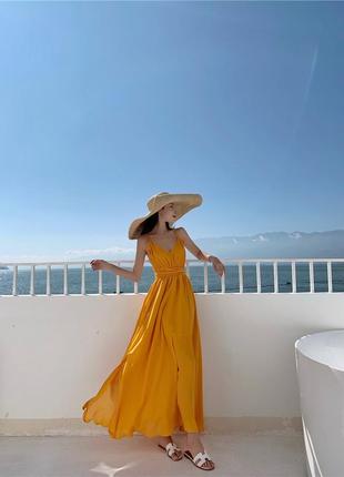 Жовта літня сукня сарафан пляжна у відпустку на пляж довга міді з розрізами шифонова1 фото