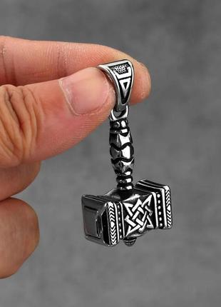 Мужской кулон подвеска с цепочкой thor's hammer на шею из медицинской стали под серебро с молотом тора5 фото