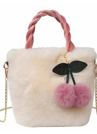 Дитяча сумка lesko gz-5043 white хутряна з вишнею на ланцюжку для дівчинки 10 шт.1 фото