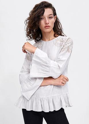 Ніжна блуза з оборками та вишивкою zara, розмір м
