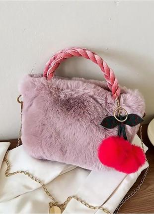 Дитяча сумка lesko gz-5043 light pink хутряна з вишнею на ланцюжку для дівчинки 9 шт.4 фото