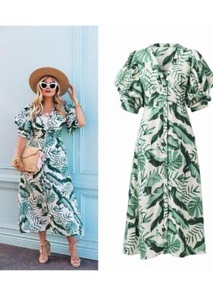 Розкішна міді сукня льняна h&m h&m johanna ortiz міді сукня з пальмовим листям літня сукня з об'ємними рукавами1 фото