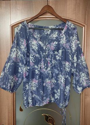 Шовкова / котонова блуза з квітковим принтом marks & spencer indigo (шовк, бавовна)