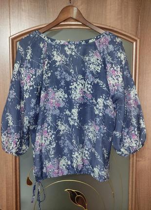 Шовкова / котонова блуза з квітковим принтом marks & spencer indigo (шовк, бавовна)4 фото