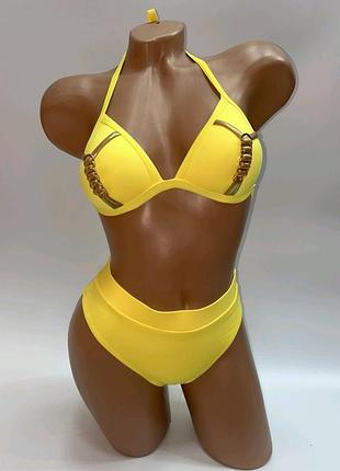Желтый купальник высокие плавки чайки купальник на шею завязка треуголки