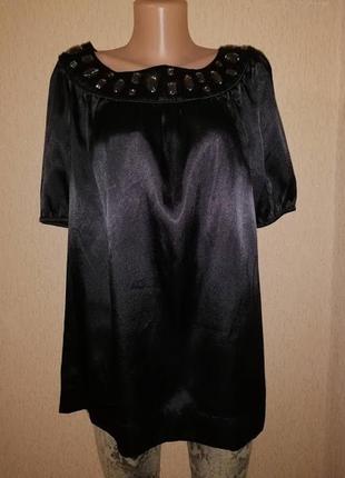 Красивая женская атласная, шелковая черная блузка, кофта 16 размера
