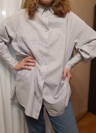 Сиреневая хлопковая удлиненная женская рубашка оверсайз1 фото
