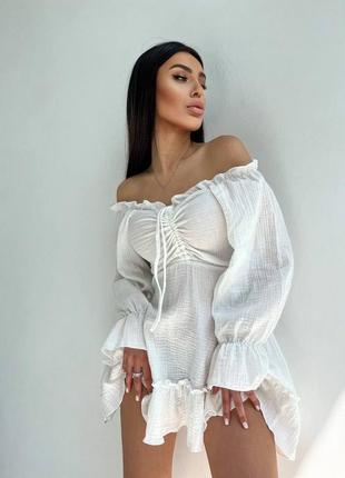 Сукня муслінова літня легка яскрава жіноча коротка сексуальна відкриті плечі муслін7 фото