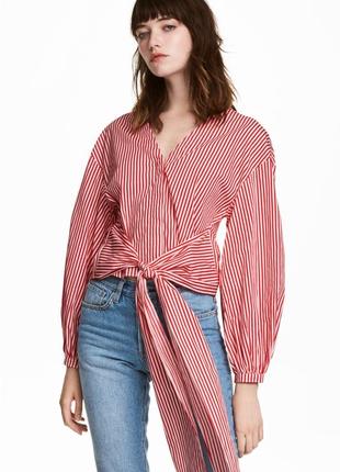Червона смугаста сорочка в смужку блуза топ з поясом h&m на запах7 фото