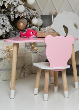 Стол тучка и стул медвежонок детский  розовые с белым сиденьем. столик для уроков, игр, еды6 фото