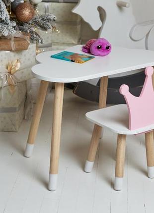 Детский стол белый тучка и стул корона розовый. детский белоснежный столик