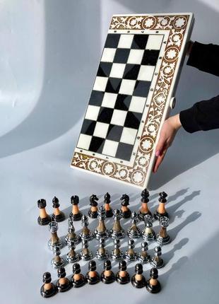 Розкішні шахи, шашки, нарди - набір 3 в 1 із білого акрилового каменю 58*28*5 см, арт.190647